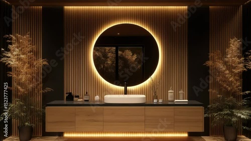 Modern bathroom design with circular mirror and warm lighting in a stylish minimalist setting