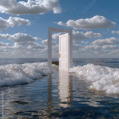 White door opens to sky over foamy ocean