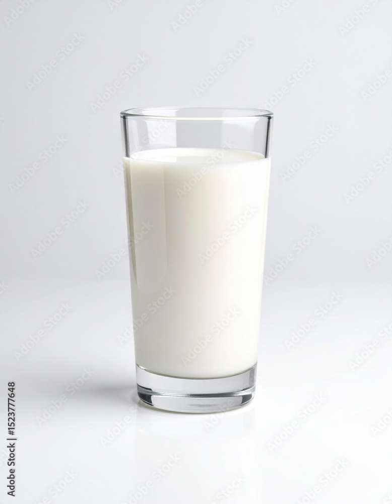 Un vaso de cristal lleno de leche pura de vaca sobre fondo blanco Un vaso de cristal lleno de leche pura de vaca sobre fondo blanco