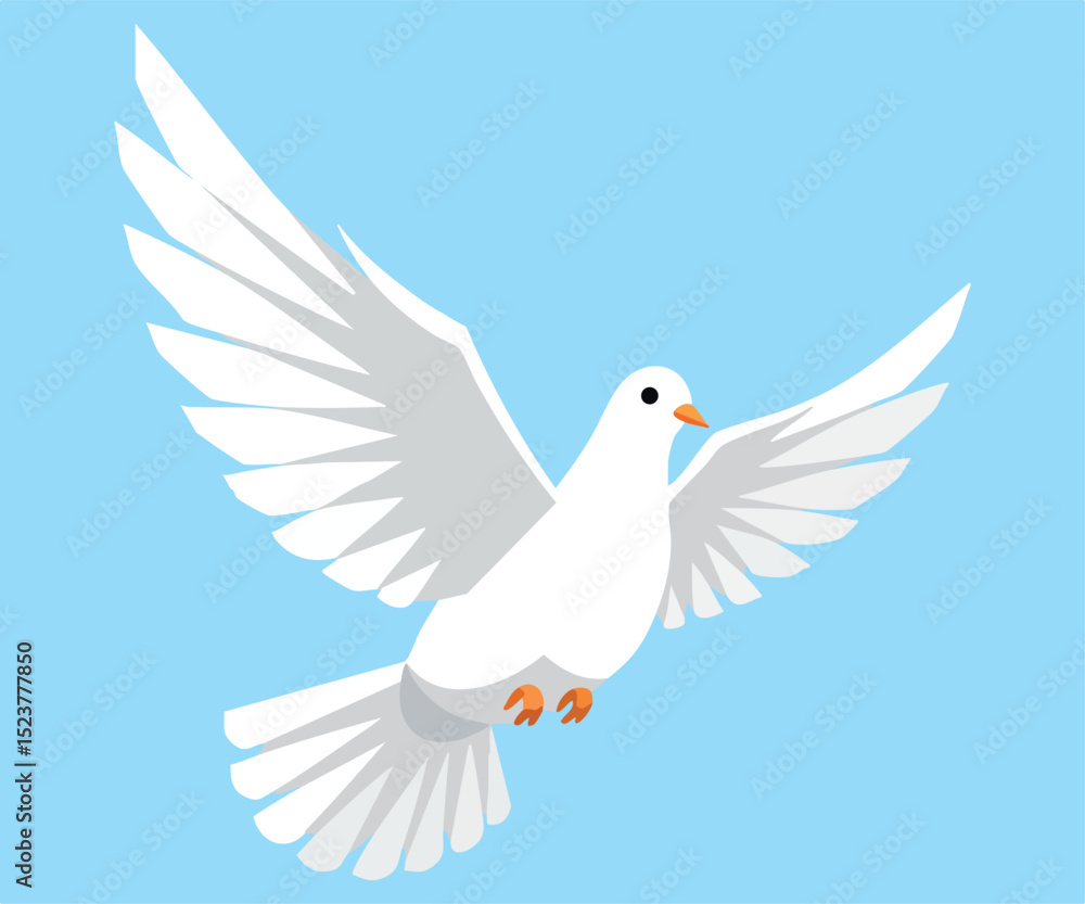 Obraz premium White dove flying with spread wings blue background vector illustration peaceful symbol 