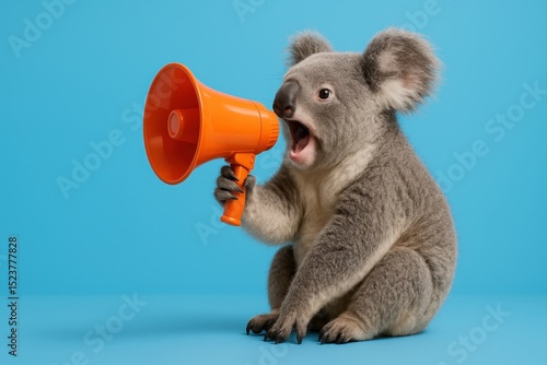 koalbear holding orange megaphone, making loud noise. AI-generated illustration