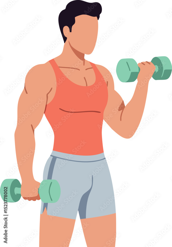 Muscular man lifting green dumbbells in orange tank top and grey shorts fitness workout vector illustration Muscular man lifting green dumbbells in orange tank top and grey shorts fitness workout vector illustration