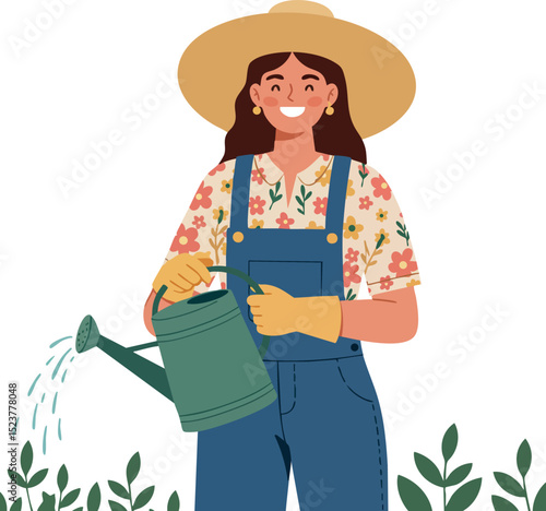 Woman watering plants with green watering can in floral shirt and straw hat vector illustration 