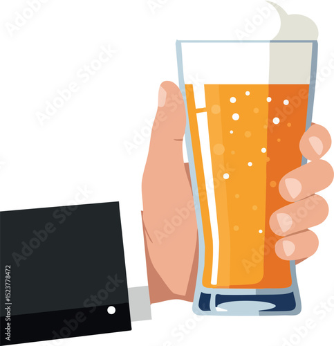 Hand Holding Glass of Beer with Foam and Bubbles Vector Illustration 