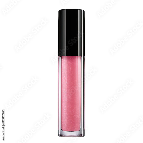 A clear plastic tube of pink lip gloss with black caps