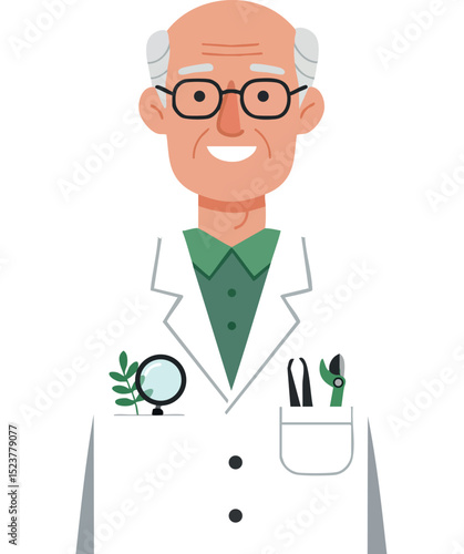 Elderly male botanist scientist with white coat and glasses vector illustration 