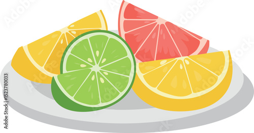 Citrus Fruit Slices Plate with Lemon Lime and Grapefruit Vector Illustration 