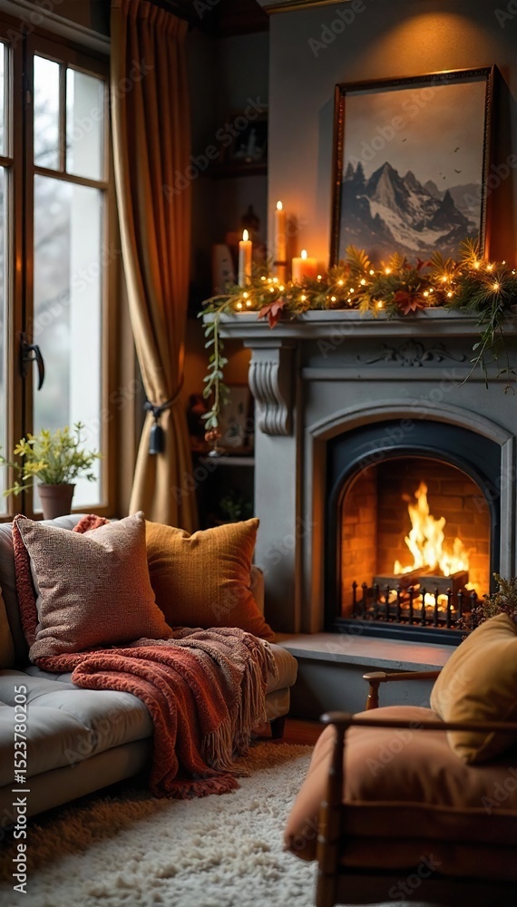Fototapeta premium Cozy living room with fireplace, throw pillows, and warm lighting, creating a relaxing and inviting atmosphere perfect for autumn or winter , firelight, blanket