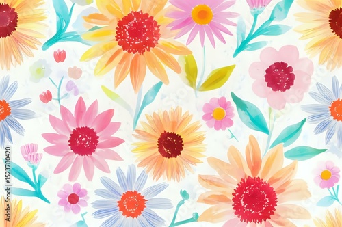 Vibrant watercolor floral pattern with various flowers