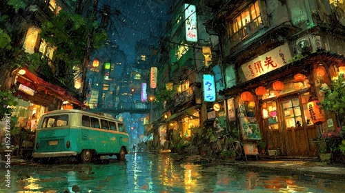 Anime background or wallpaper of a neon-lit cyberpunk city at night bustling streets with holographic billboards reflecting off rain puddles