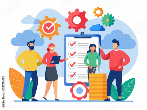 Team of Four Holding Gears with Action Plan and Rocket Symbolizing Collaboration