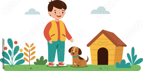 Boy standing next to dog and doghouse with colorful plants and clouds vector illustration 