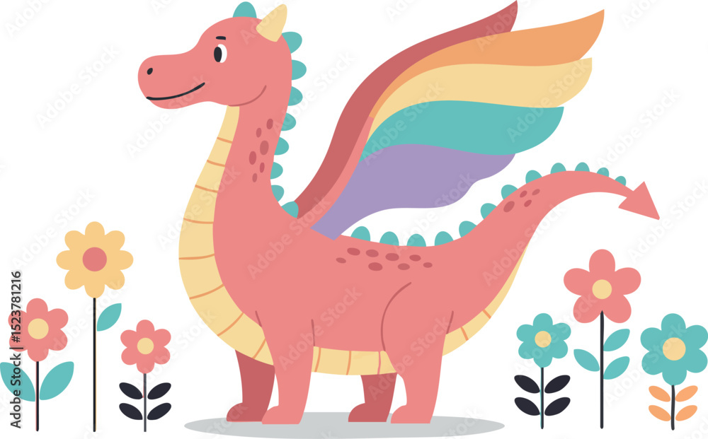 Fototapeta premium Cute pink dragon with rainbow wings and colorful flowers vector illustration 