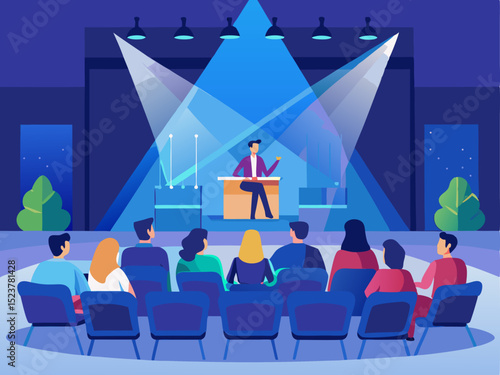Flat Design Illustration of Experts Debating on Stage with Audience Watching Attentively