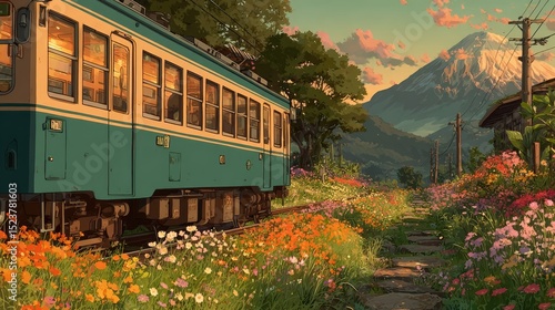 Anime background or wallpaper of a train speeding through a flower-filled valley sunlight streaming through windows