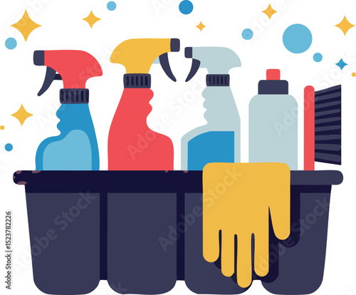 Cleaning supplies with spray bottles rubber gloves and brush in storage caddy vector illustration 