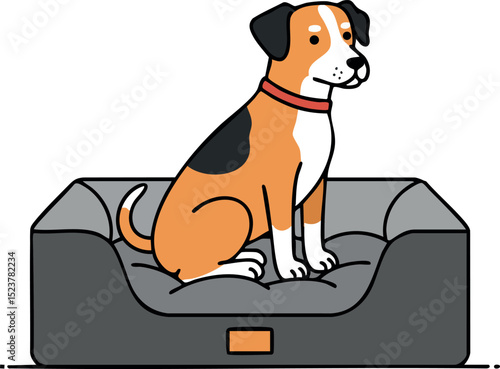 Dog sitting on gray pet bed with red collar simple vector illustration 
