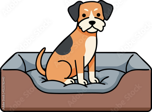 Small dog sitting in cozy pet bed illustration with brown and gray colors vector 