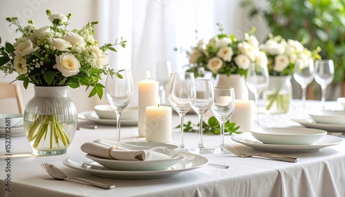 Elegantly set dining table awaits guests for a formal celebration meal.