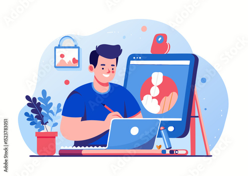 A person creating digital illustration image. Cartoon style. Vector illustration.