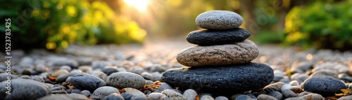 Financial mindfulness with planning and saving goals concept. A serene stack of stones in a tranquil natural setting.