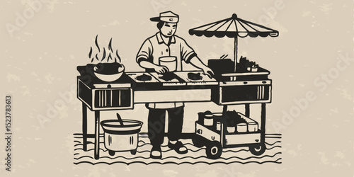A person cooking street food monochrome vintage image. Flat vector illustration.