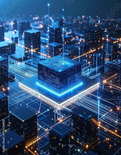Artificial ligence cube stands out in futuristic digital city view.
