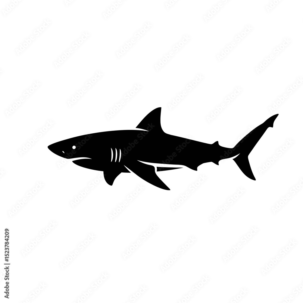 Fototapeta premium Black Shark Silhouette Swimming in the Ocean on White Background