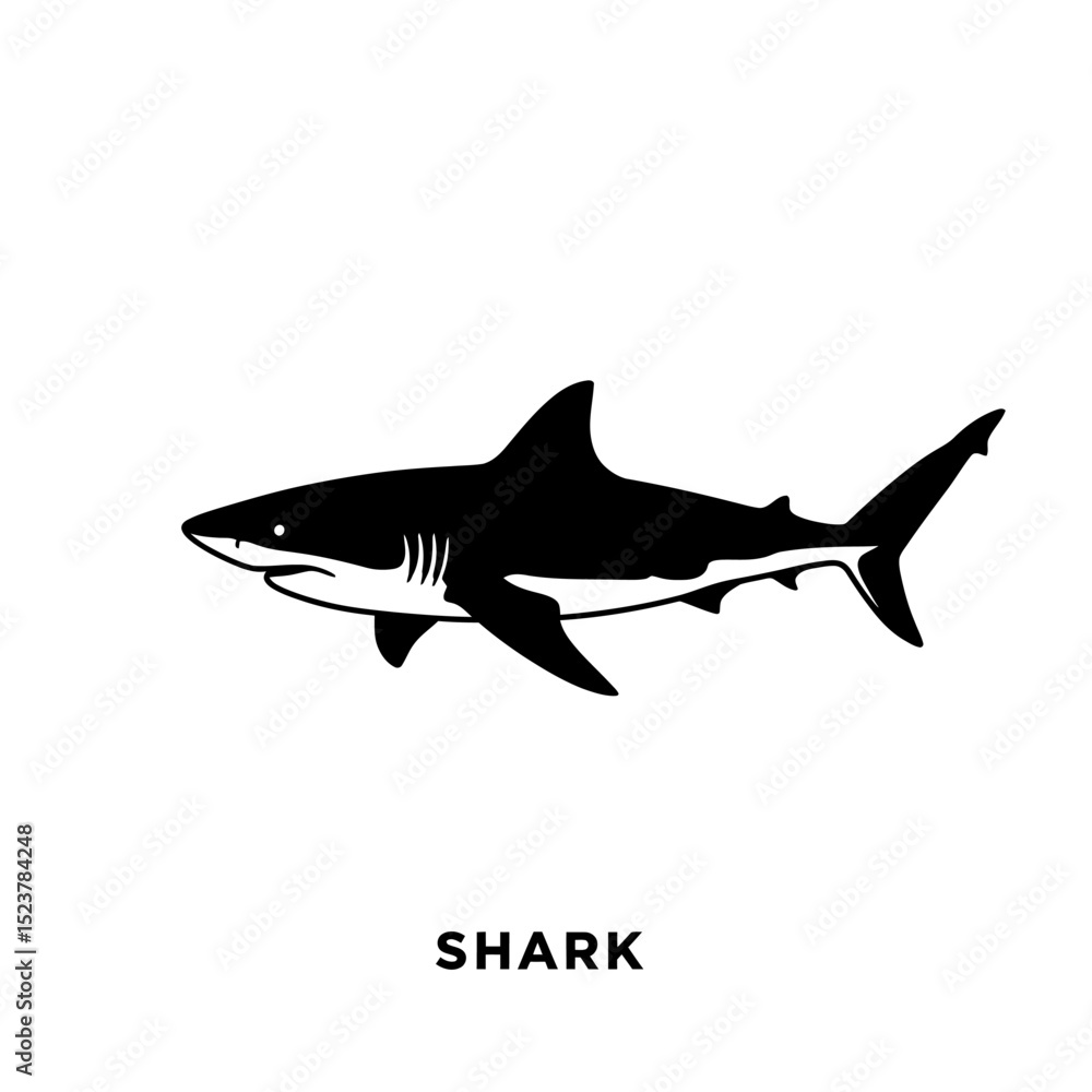Obraz premium Simple black and white vector illustration of a shark swimming in the ocean