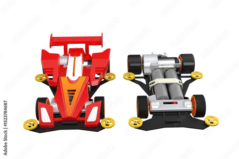 Fototapeta premium Two Yonku mini4WD Model Kit Race Cars: Highly Detailed Studio Shot. Excellent for Hobbyist Design Elements, featuring classic plastic scale models for building, racing, and collecting enthusiasts' DIY