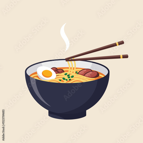 Illustration of a steaming bowl of ramen with egg and chopsticks