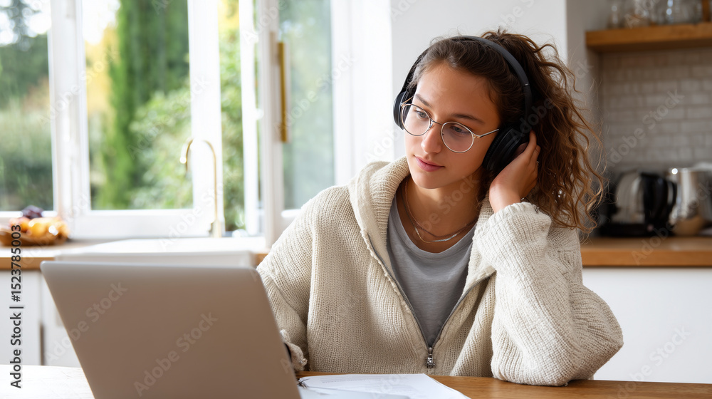 Teenage Student Taking Online Class at Kitchen Table with Headphones On Teenage Student Taking Online Class at Kitchen Table with Headphones On