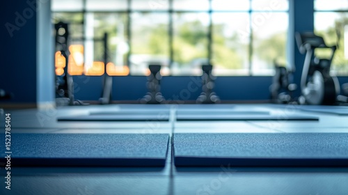 A modern gym with workout mats. Fitness machines are in the background, making the space look deep and stylish.
