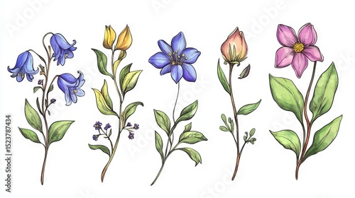 Wallpaper Mural Spring flowers and leaves in a colorful set. Includes hand-drawn wildflowers, branches, and foliage on a white background. Great for decorations, Easter designs, stickers, and prints.
 Torontodigital.ca