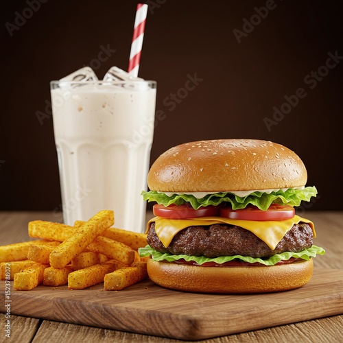 A juicy burger with crispy fries and a milkshake