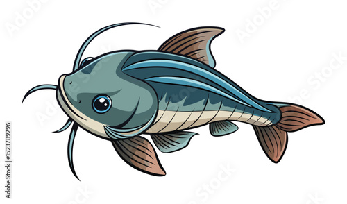 Photo of a teal and brown cartoon catfish, isolated on white background, swims with whimsical charm