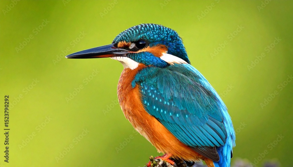 Obraz premium An elegant common kingfisher perched, its vibrant colors sharply detailed against a beautiful, isolated green bokeh background. This captures the bird's natural grace in its habitat.