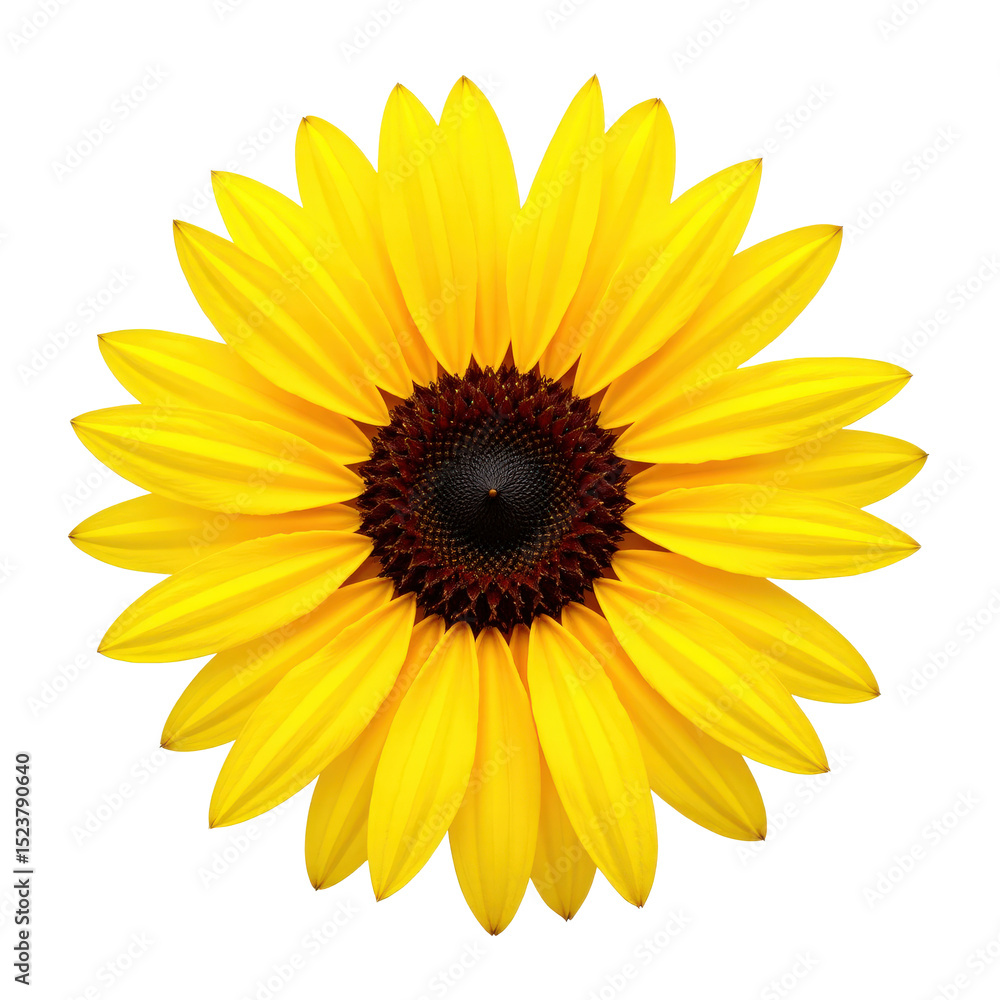 Fototapeta premium Vibrant bright yellow sunflower with rich brown center, isolated on transparent background, perfect for warm summer themes, positivity, nature, perfect for greeting cards and wallpapers..
