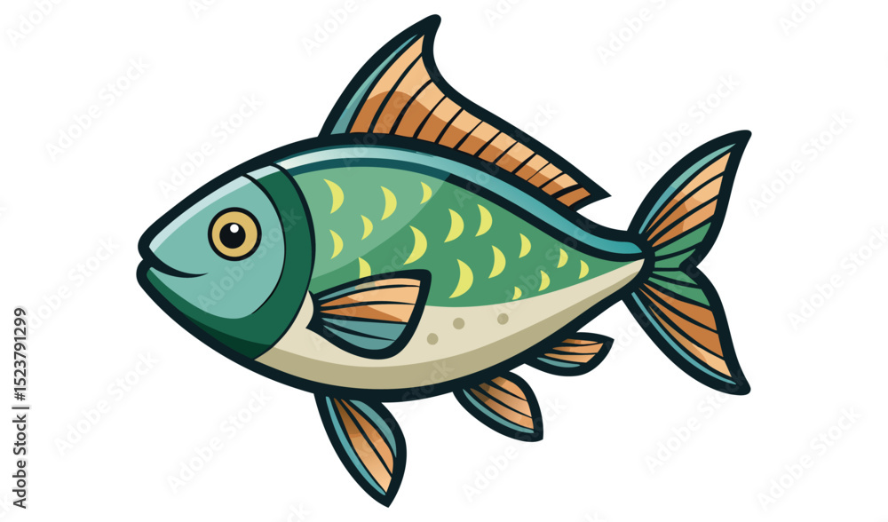 Naklejka premium Photo of a vibrant teal and orange fish, isolated on white background, swims with stylized fins and scales