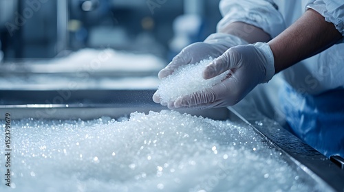 Hands in gloves handling small clear plastic pellets in an industrial setting.