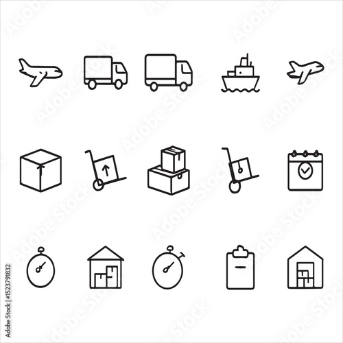A collection of black-and-white line icons representing logistics and transportation. The set includes symbols such as airplanes, trucks, ships, boxes, hand trucks, calendars, shields, stopwatches,