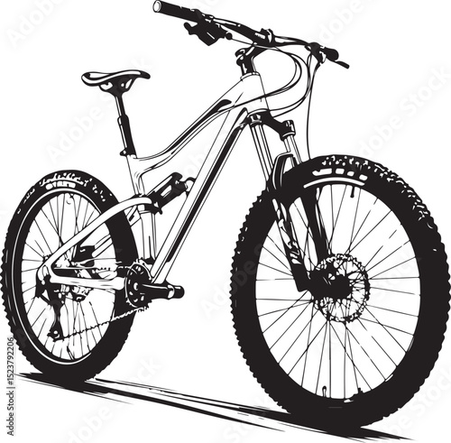 Mountain Bike Biking Vector Illustration, Sketch Drawing Line Linear Symbol Icon Engraving Coloring Book, Hand-drawn Black and White Isolated