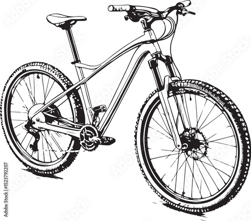 Mountain Bike Biking Vector Illustration, Sketch Drawing Line Linear Symbol Icon Engraving Coloring Book, Hand-drawn Black and White Isolated