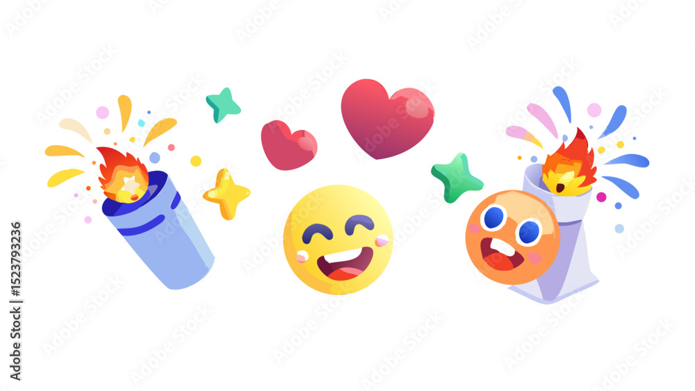 3d emoji party popper, love, sparkles and flame icon illustration.Confetti and Party Popper Icon Flat Design on White Background. 3d emoji party popper, love, sparkles and flame icon illustration.Confetti and Party Popper Icon Flat Design on White Background.