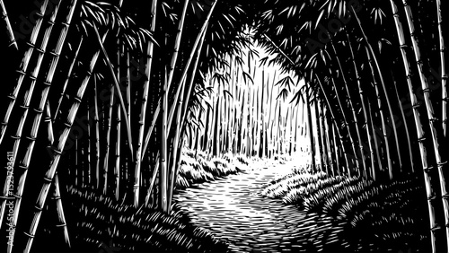 Black and white sketch vector of a bamboo forest with narrow paths and filtered sunlight