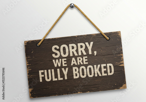Sorry we are fully booked sign hanging on a wall with a rope and metal sphere on a white background