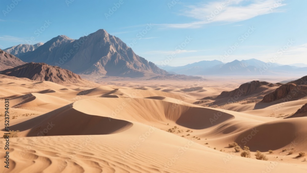 Fototapeta premium Vast Desert Landscape with Sand Dunes and Distant Mountains under a Clear Sky