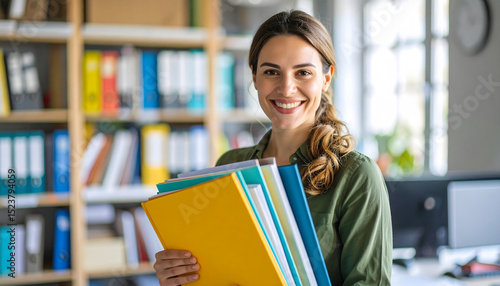 Young Professional Woman Holding Open Binder in Modern Office Environment