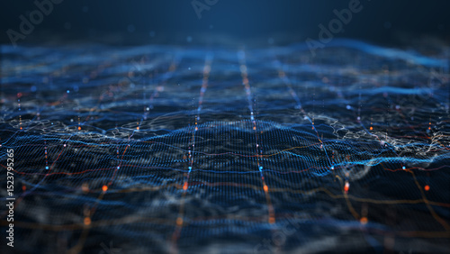 Futuristic Digital Grid Background with Glowing Blue and Red Lights