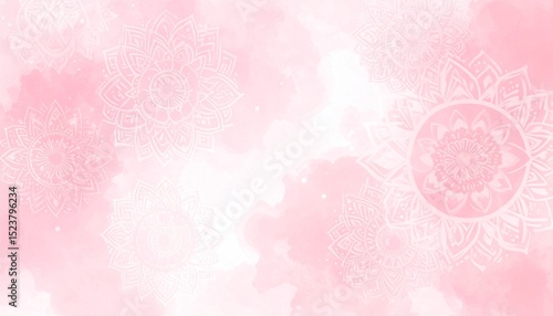 Light pastel rose pink textured watercolor background with mandalas